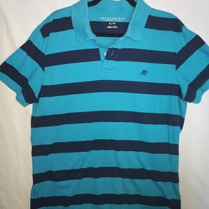 Aeropostale Men's Blue and Dark Blue Striped Polo